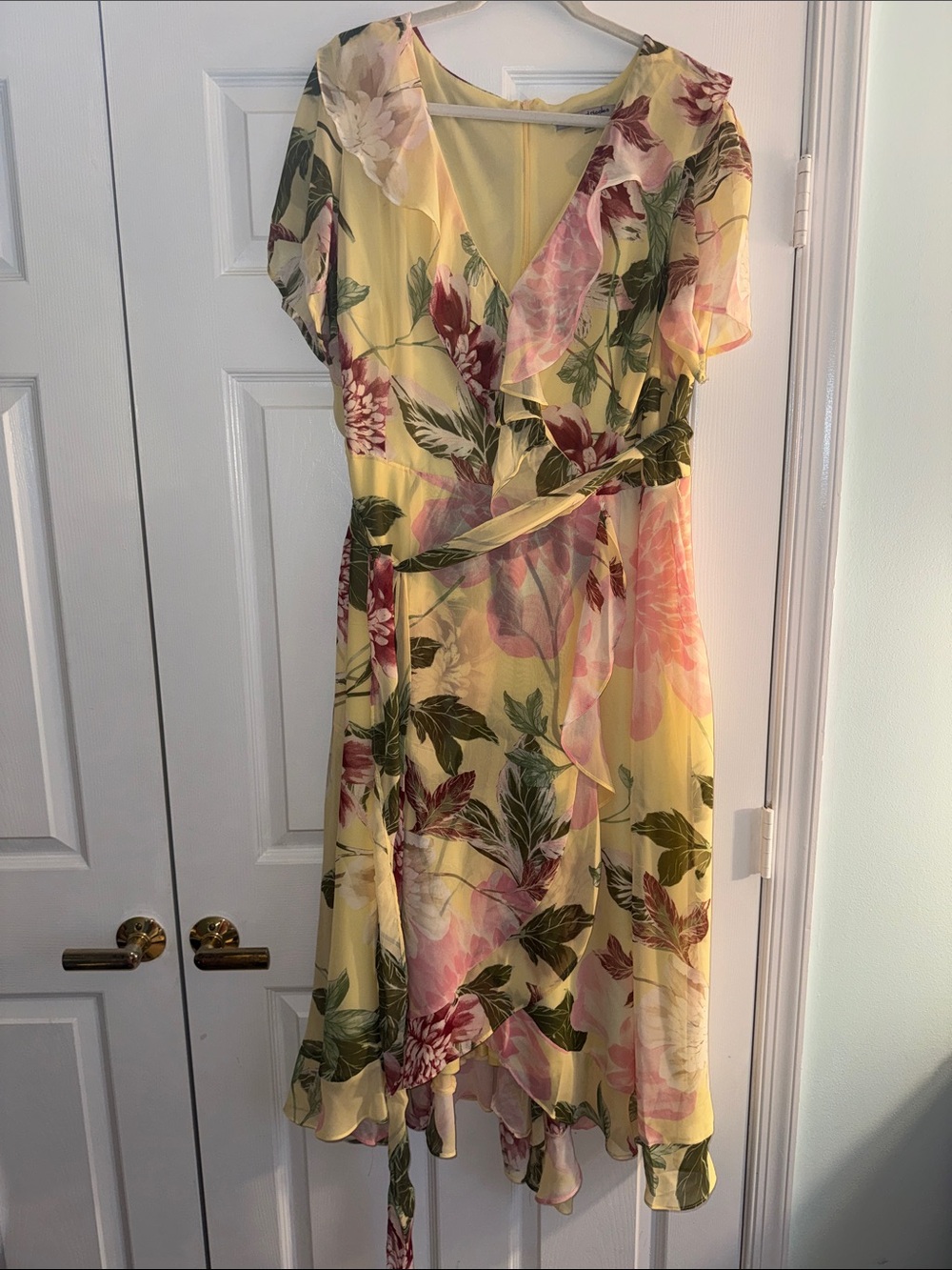 Danny & Nicole Yellow Floral Wrap Dress with Pink & Green Accents